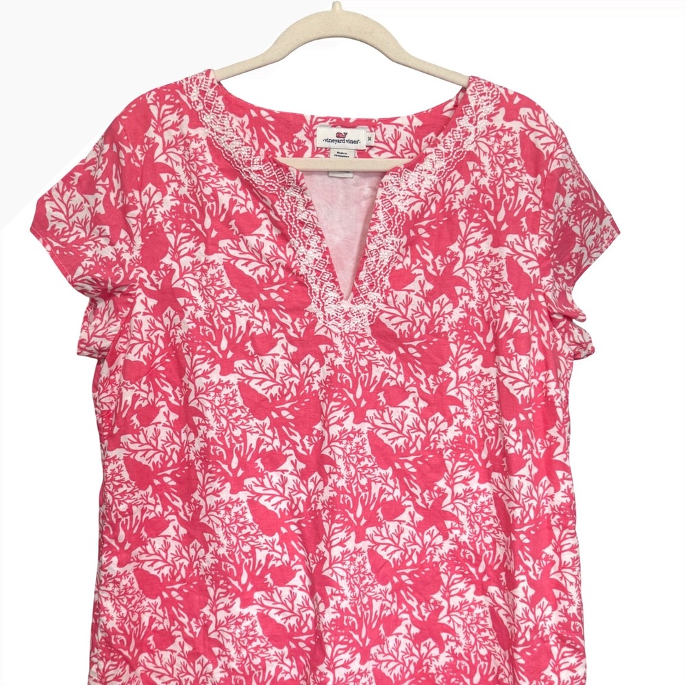 Vineyard Vines Dress Coral Reef Linen Blend 14 Pink Excellent Embroidered Shift